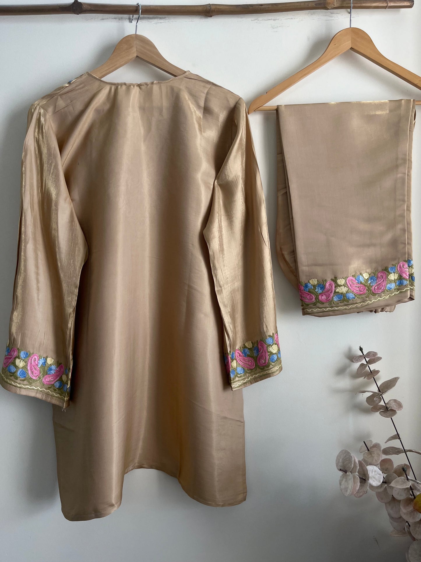 Beige Shimmer Silk Stitched Co-ord Set (46)