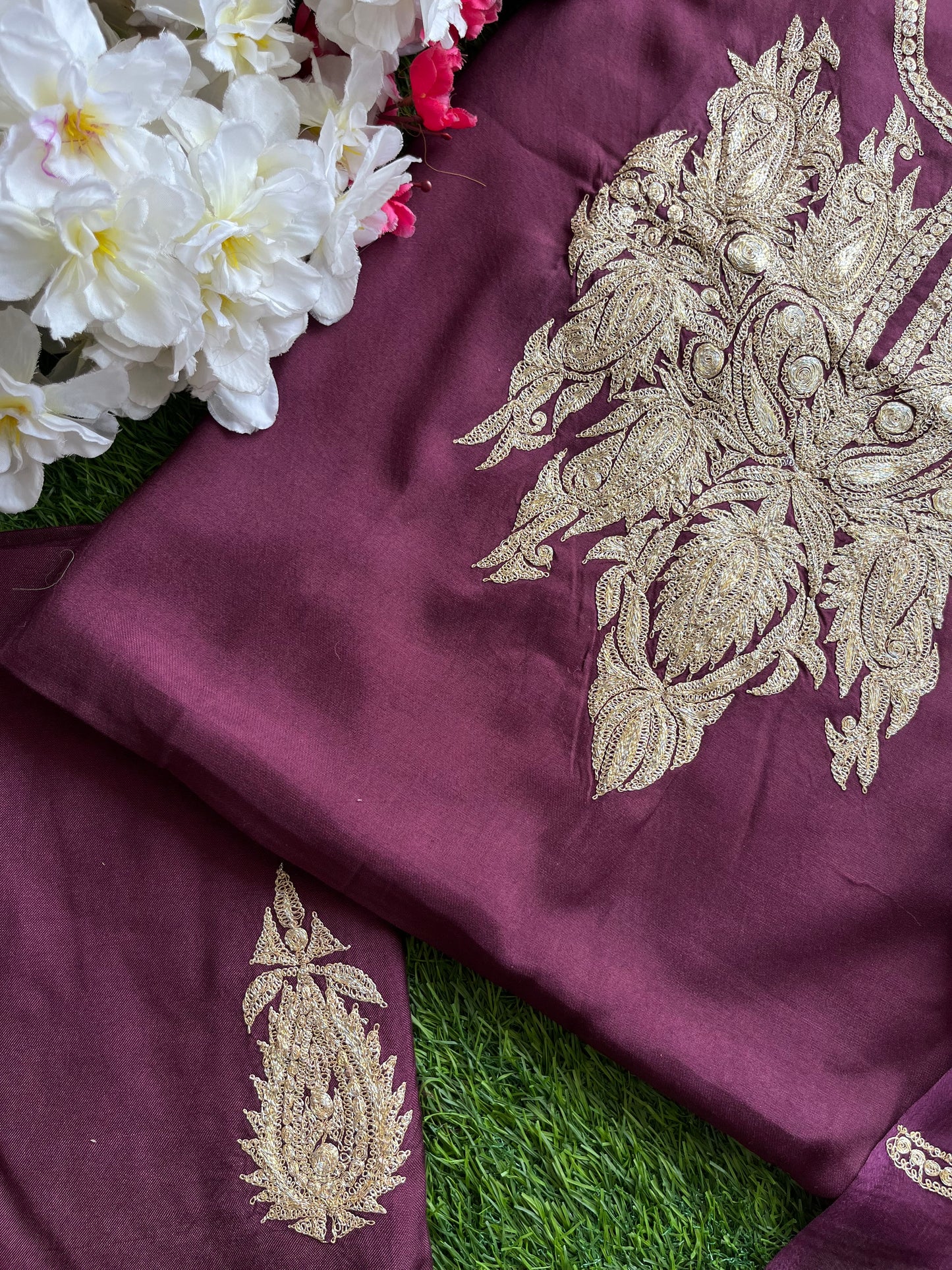 ‘Kalaa’ Wine Muslin Silk Tilla Embroidered Suit material