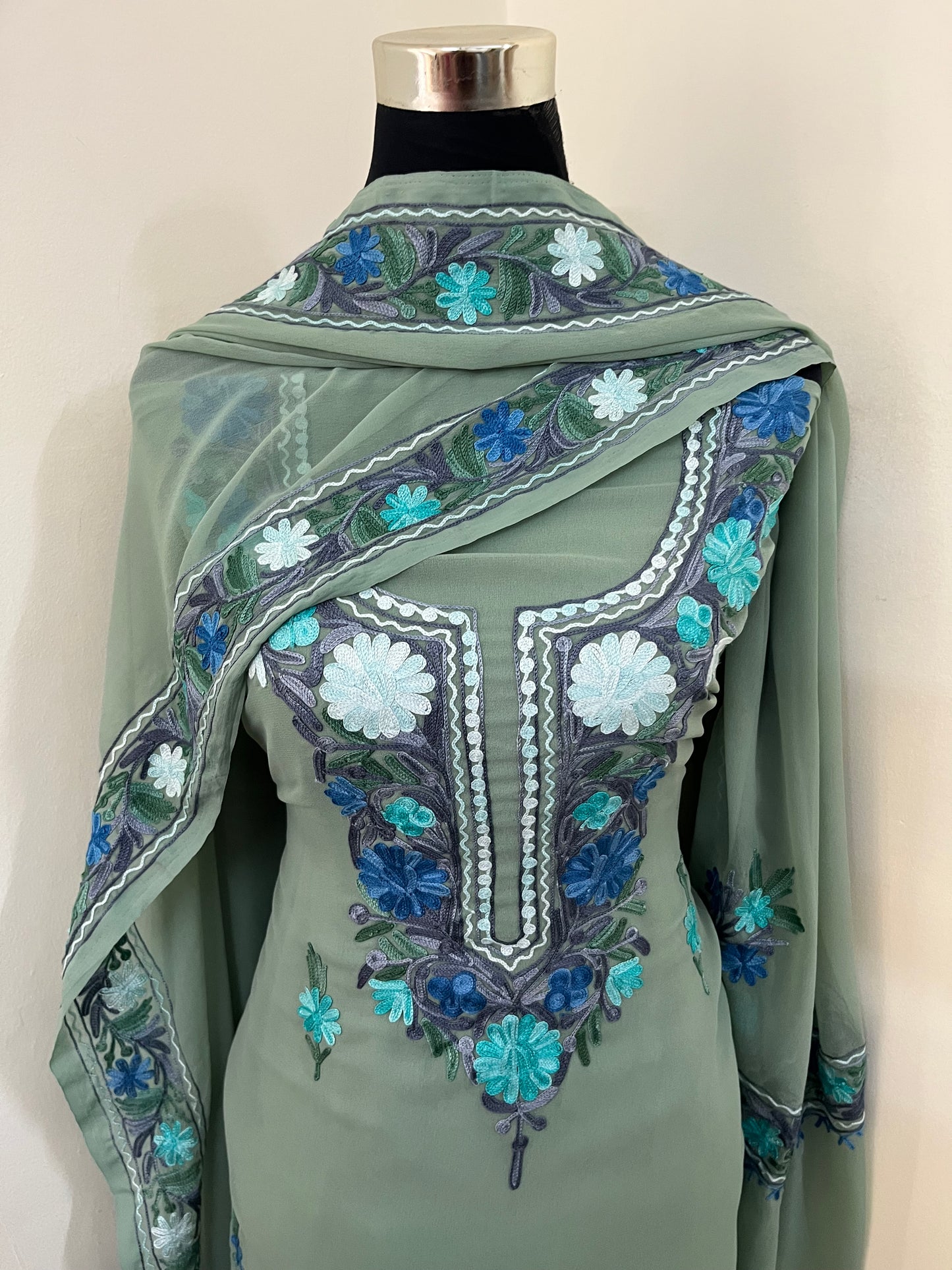 Tea Green Georgette 3 Pc Aari Embroidered Suit Set