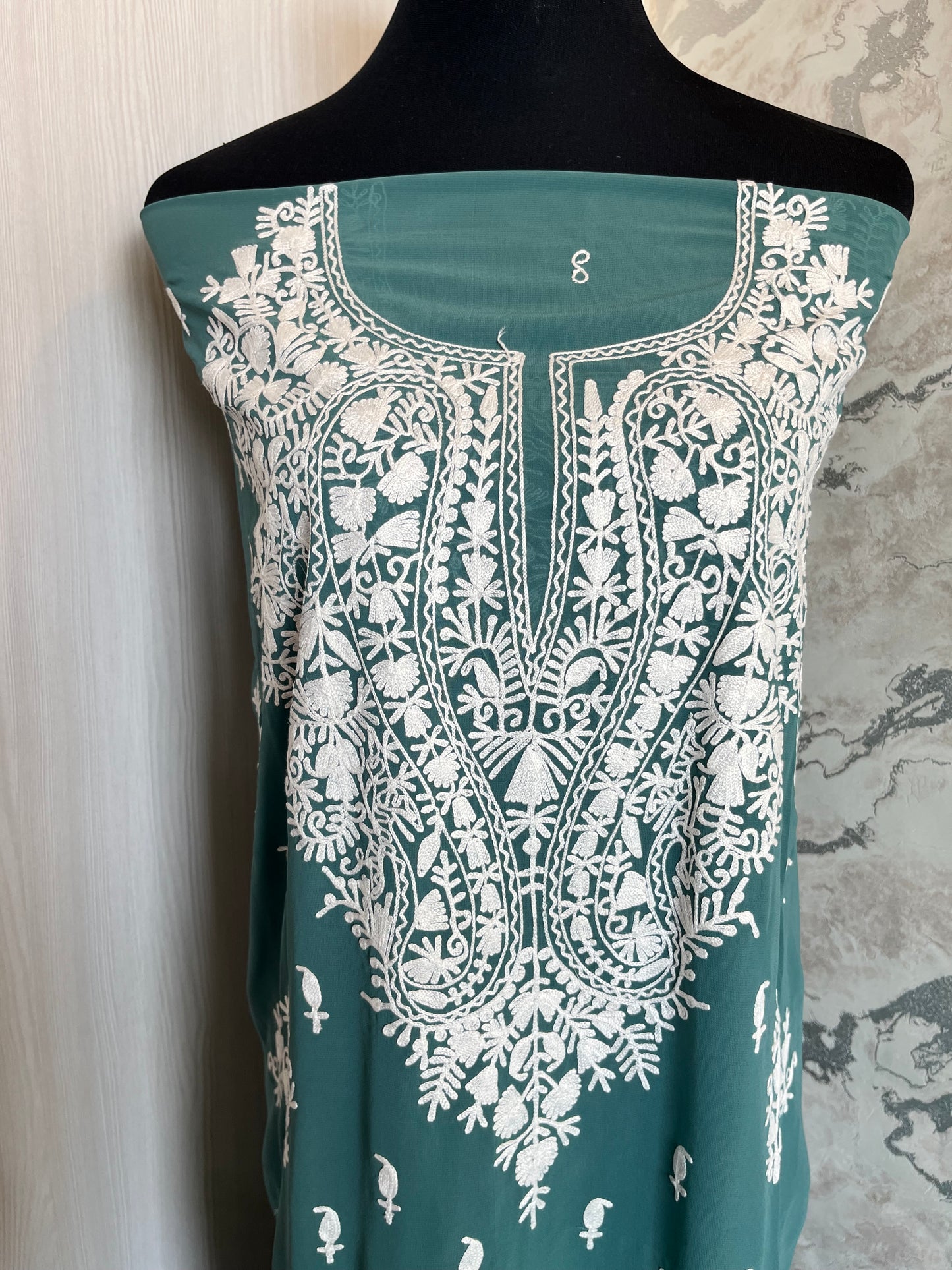 Georgette Pastel Green All over Work Aari Embroidered Unstitched Kurta Material