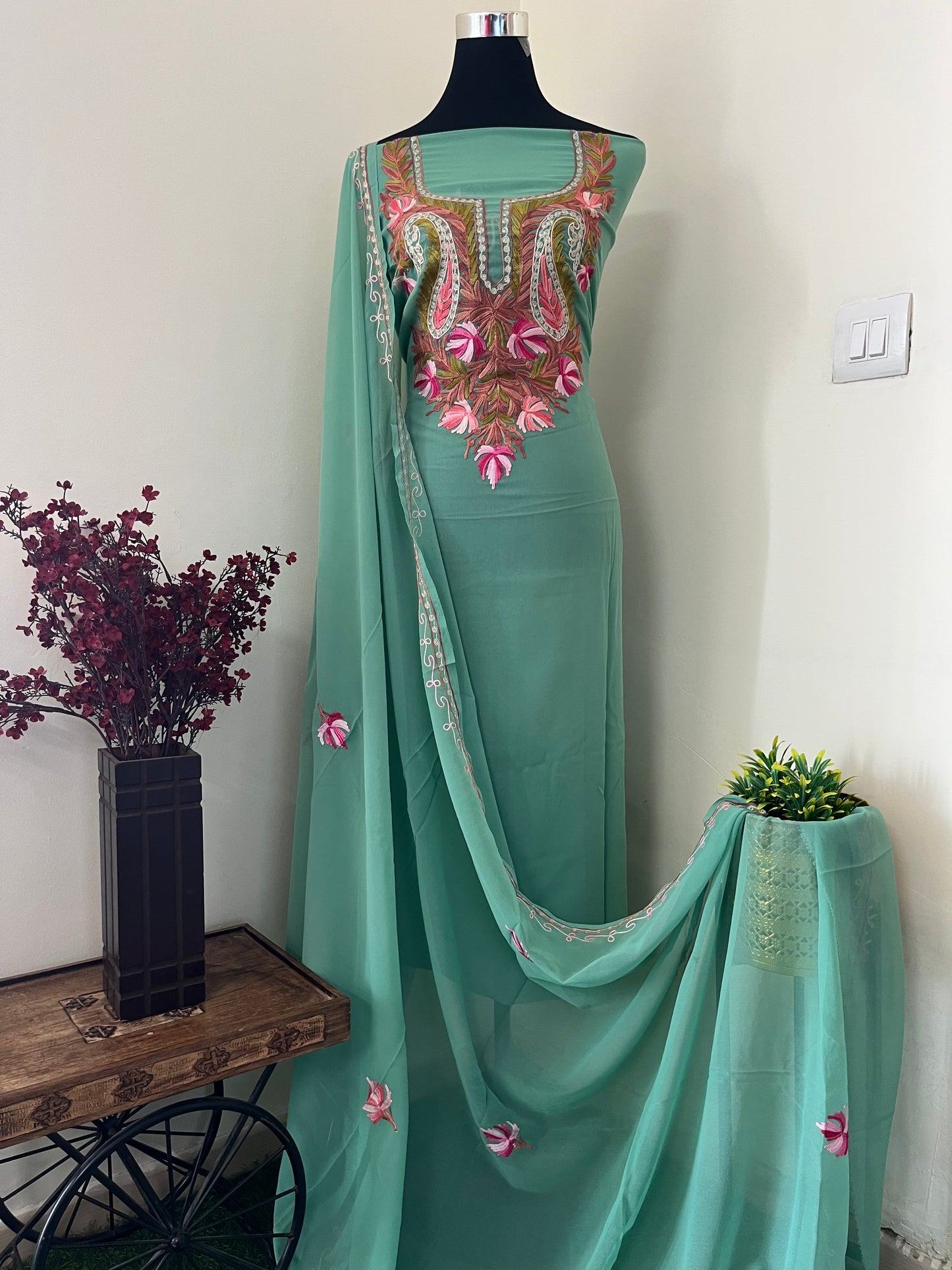 Tea Green Georgette Shirt and Dupatta Aari Embroidered Suit