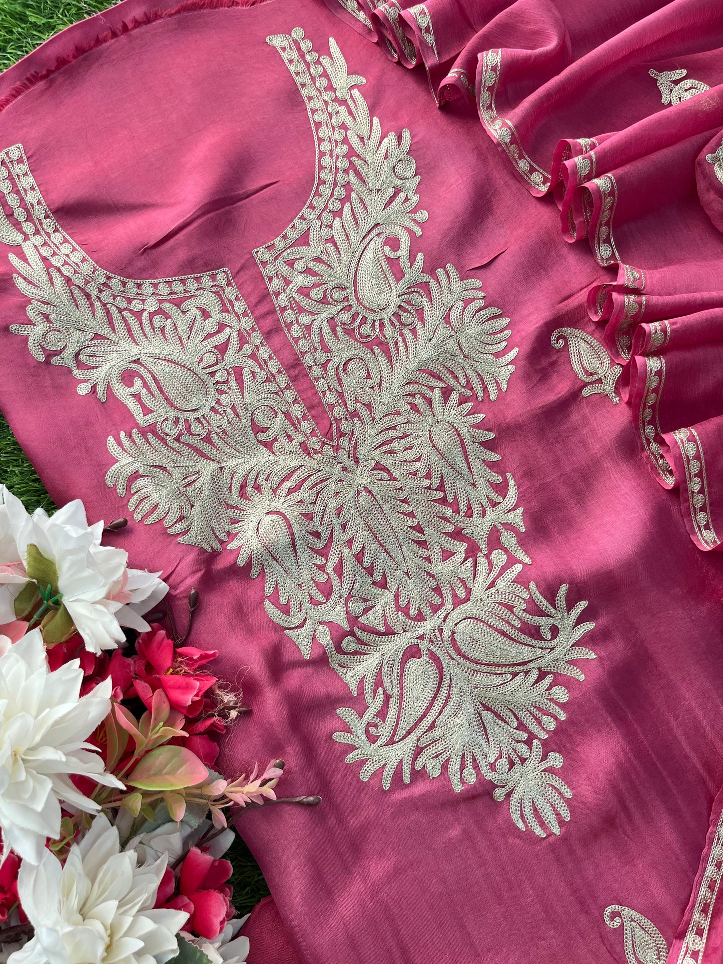 Onion Pink Silk Tilla Kashmiri Suit
