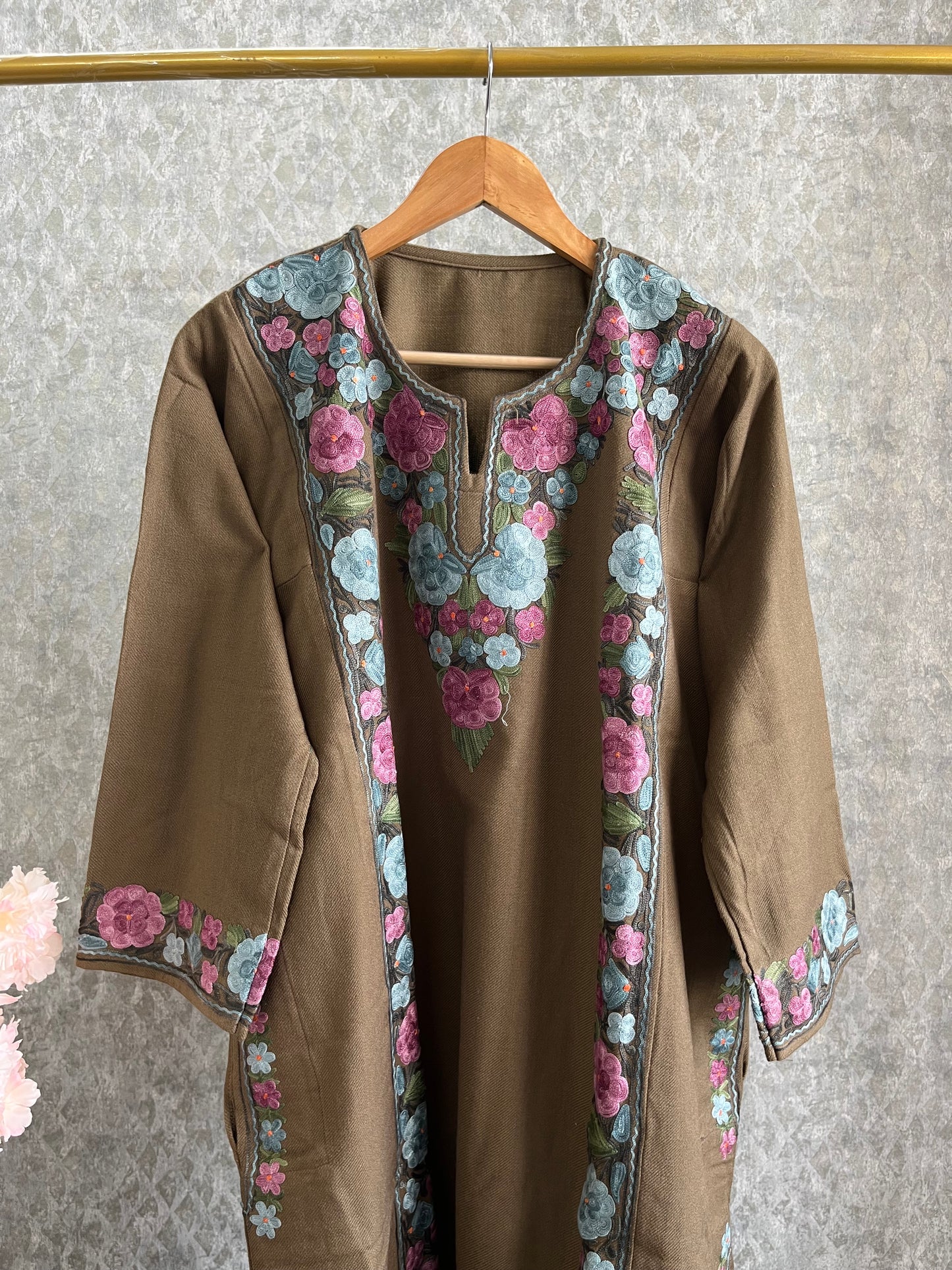 Beige Aari Embroidered Wool Pheran