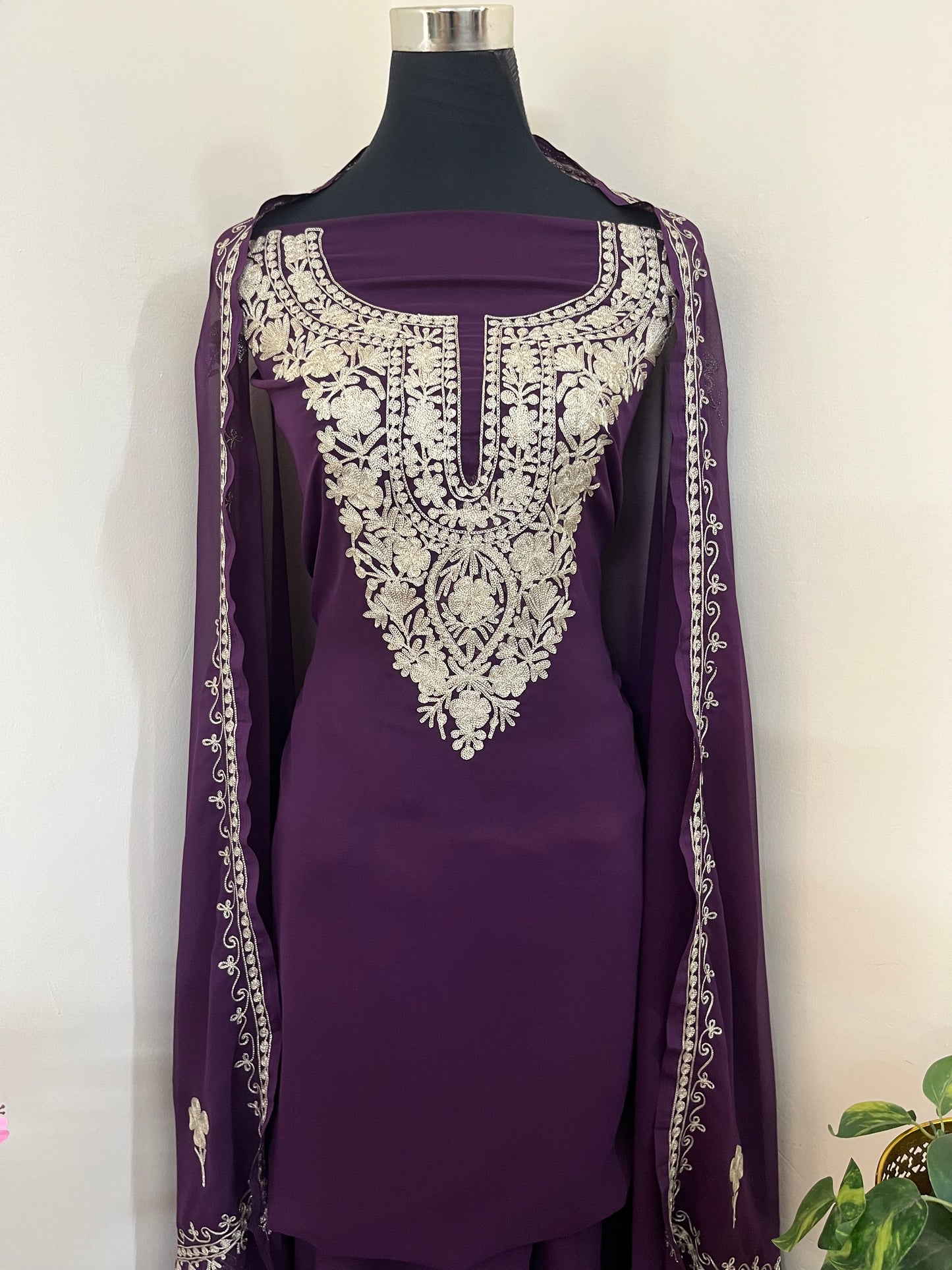Wine Georgette 3pc Kashmiri Tilla Suit