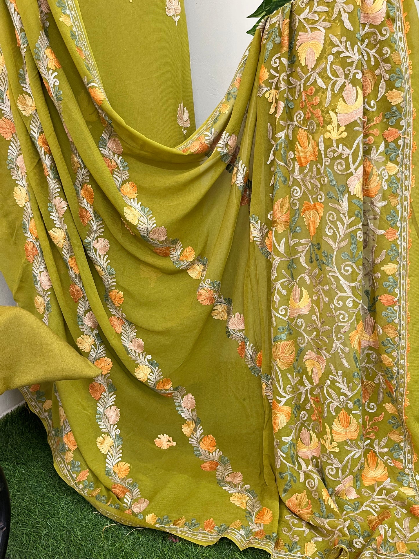 Pistachio Green Pure Georgette Kashmiri Suit