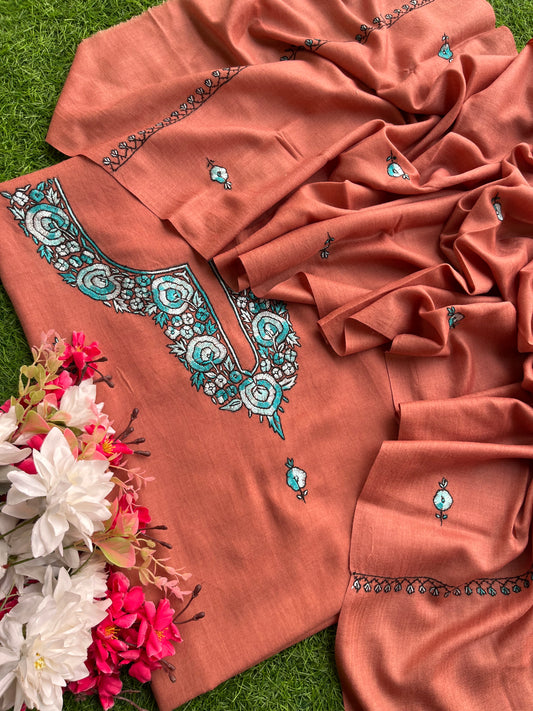 Peach Fine Wool Sozni Embroidered 3pc Suit Stole