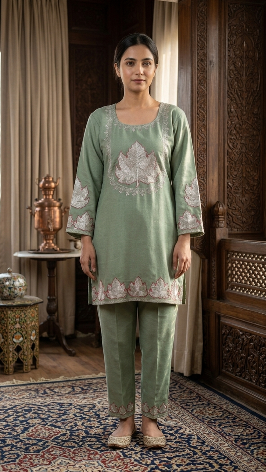 Pastel Green Woollen Kashmiri Co-Ord Set ( Size 44)
