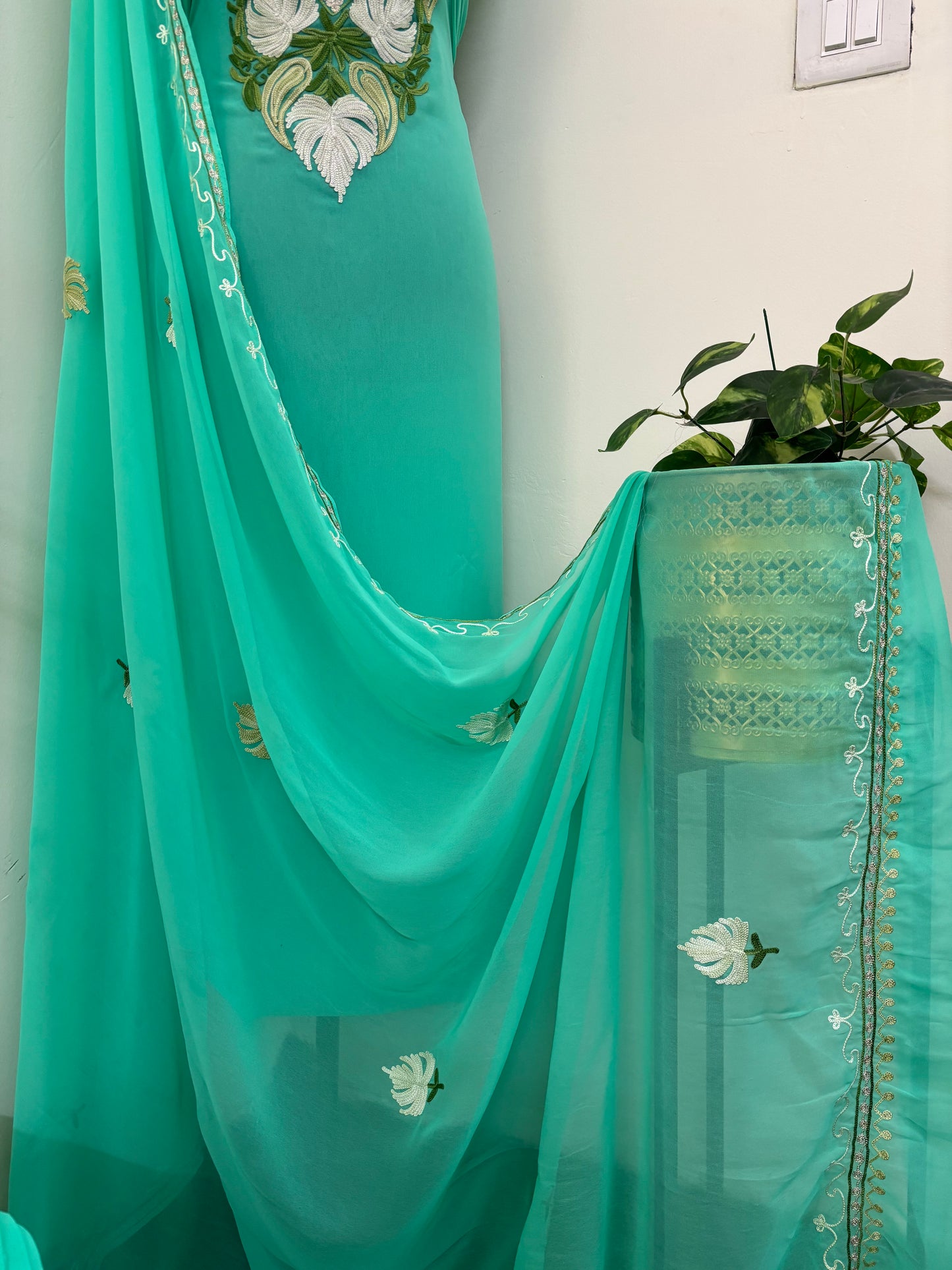 Sea Green Georgette 3pc Aari Embroidered Suit