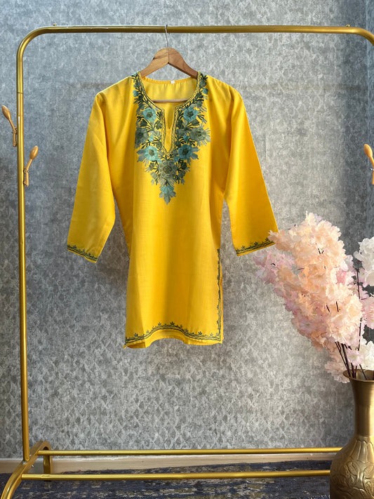 Yellow Cotton Aari Work Kurta
