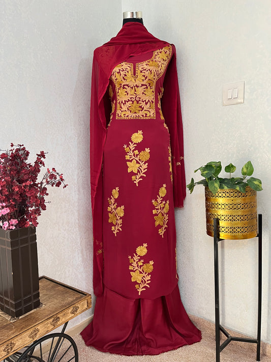Maroon Pure Georgette Aari Embroidered Suit