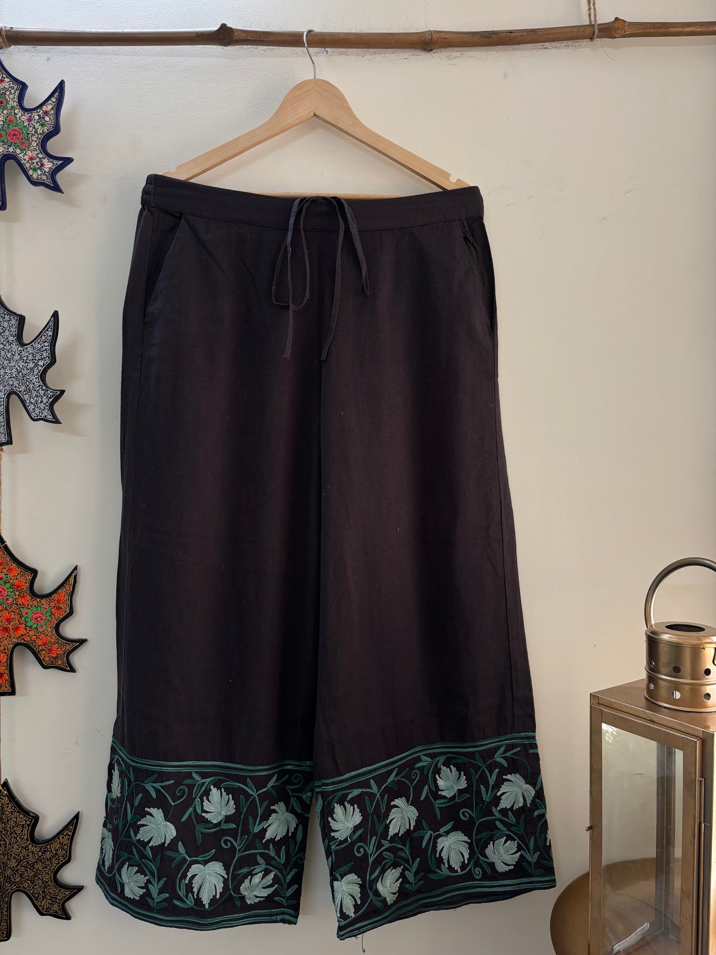 Women Charcoal Grey Wide Leg Chinar Aari Embroidered Palazzos
