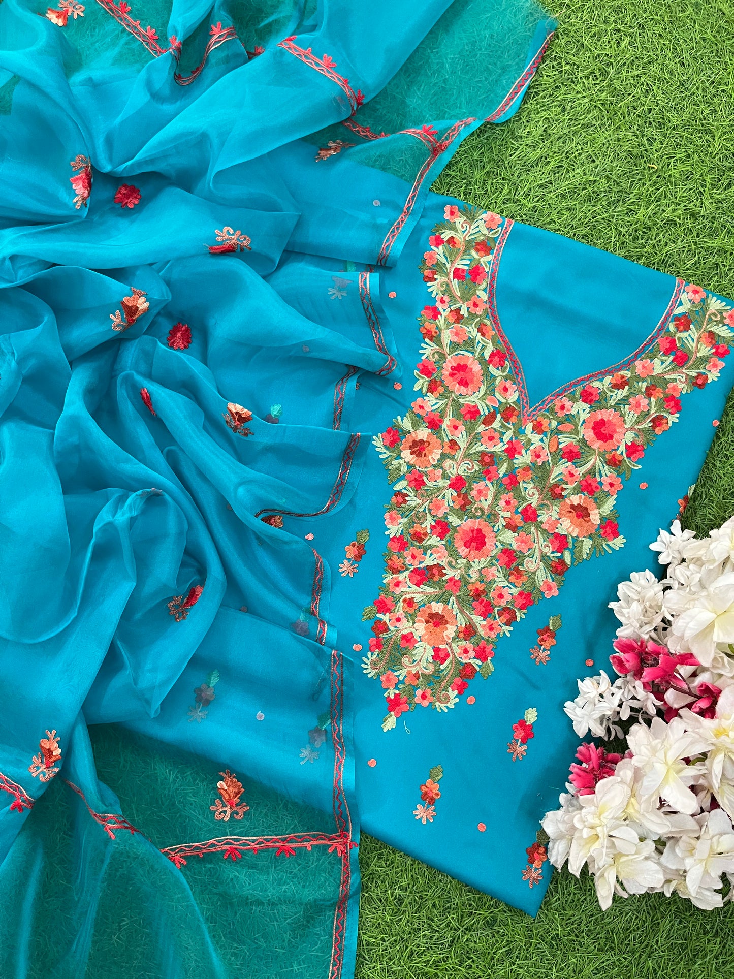 Peacock Blue Cotton Organza Dupatta Kashmiri 3pc set