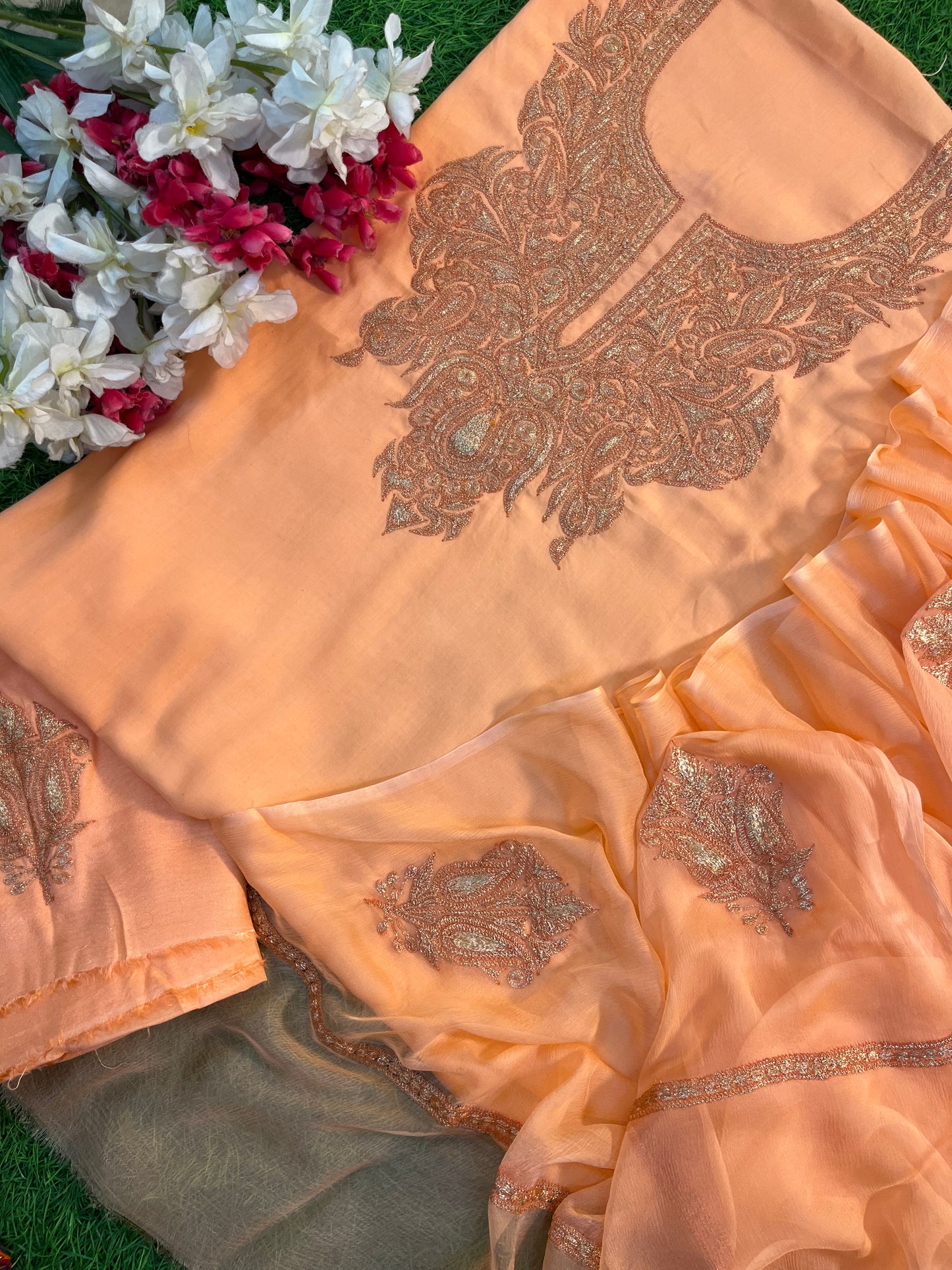 ‘Kalaa’ Peach Muslin Silk Tilla Embroidered Suit