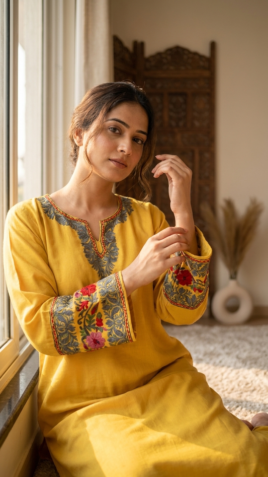 Yellow Cotton Embroidered Co-ord Set