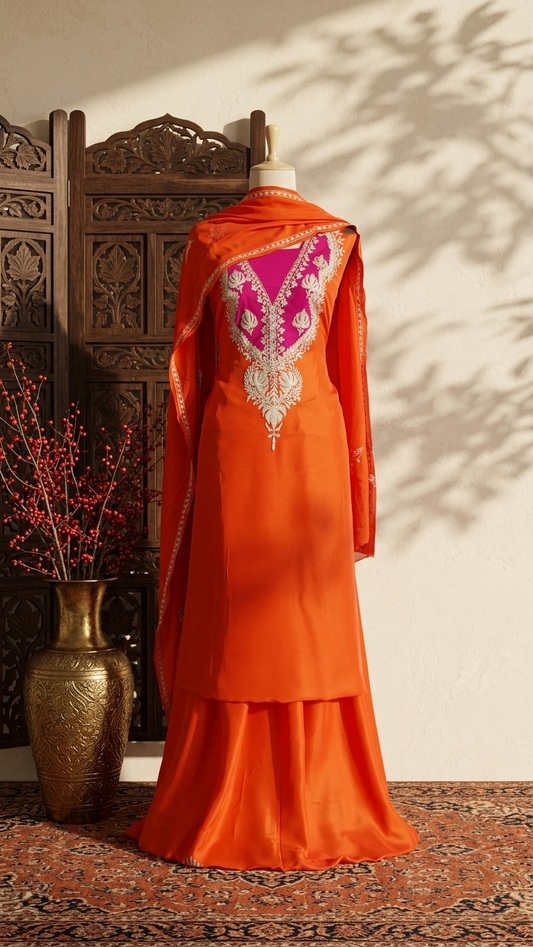 Orange Crape Kashmiri Suit with Clutch