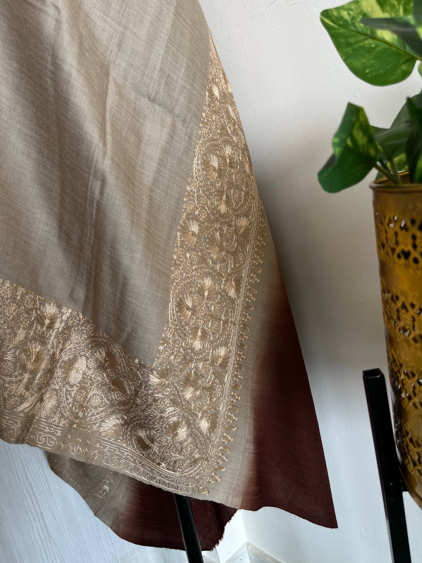 Beige Brown Silk Thread Border Embroidered Fine Semi Pashmina stole