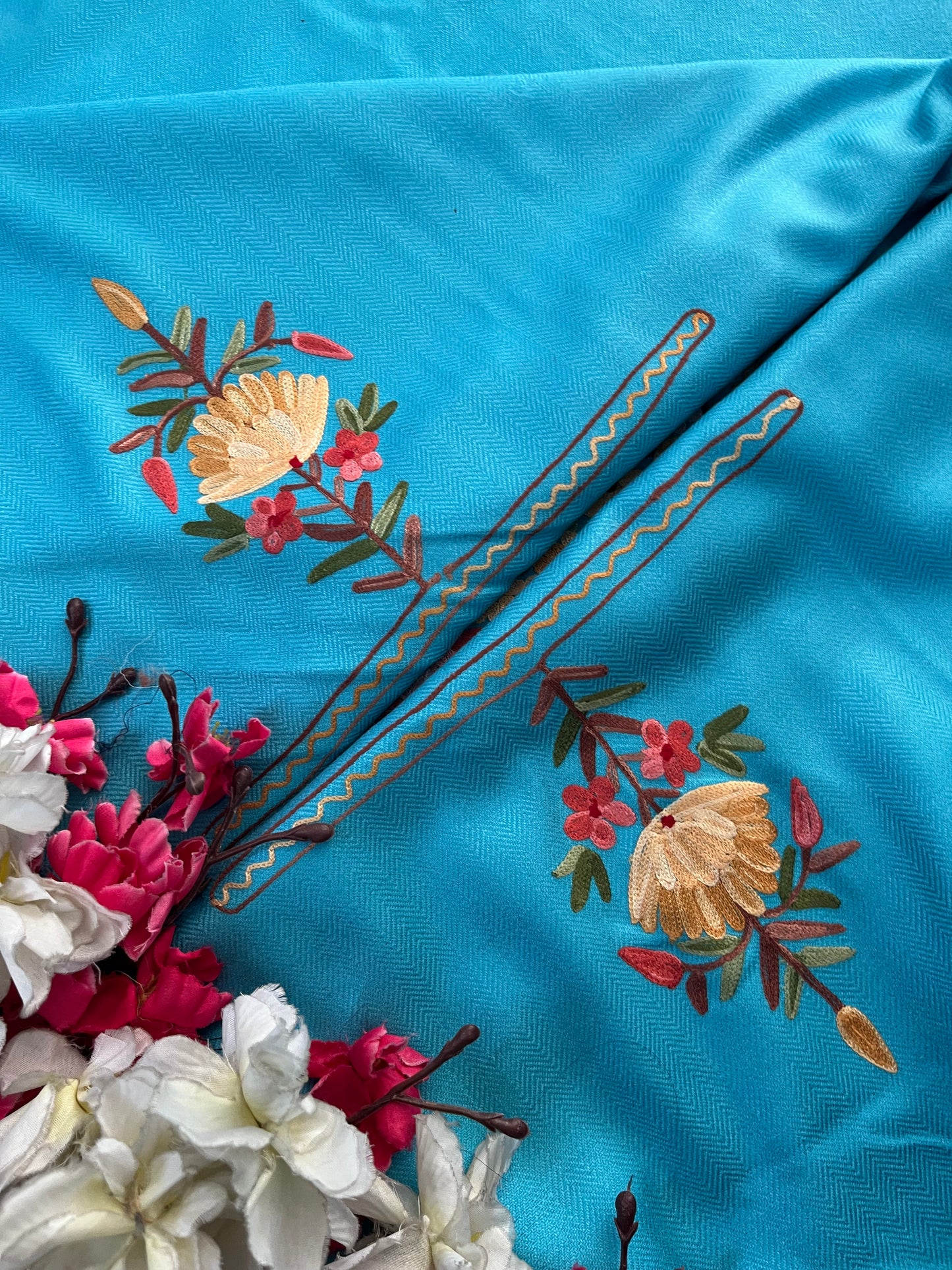 Sky Blue Woollen Aari Embroidered 2pc suit 5mtr