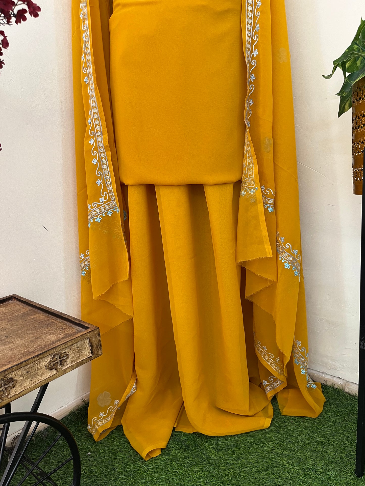 Mustard Georgette 3 Pc Aari Embroidered Suit Set