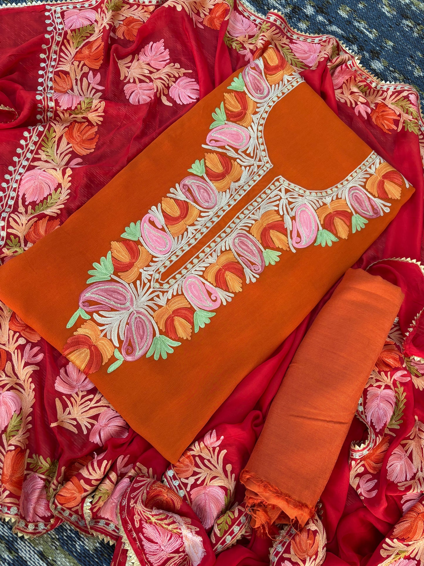 Soft Orange Pure Georgette Kashmiri Suit