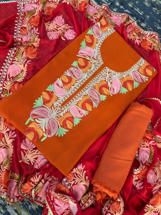 Soft Orange Pure Georgette Kashmiri Suit