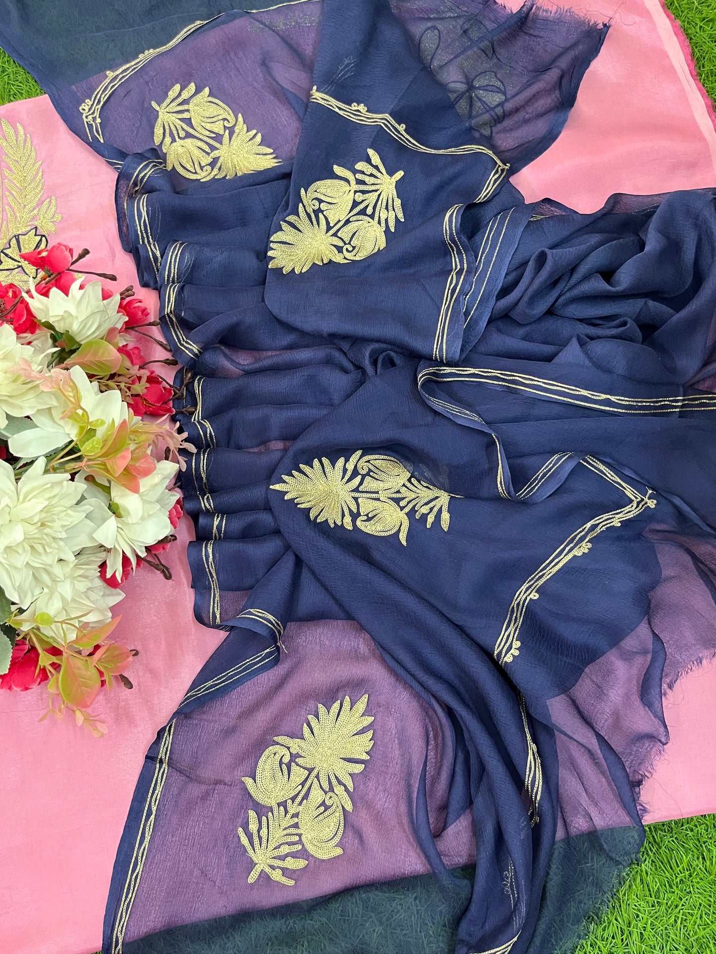 Pink Silk Aari Tilla Fusion Suit