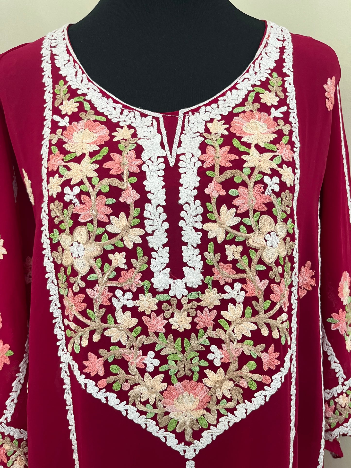 Hot Pink Georgette All over Work Aari Embroidered Unstitched Kurta