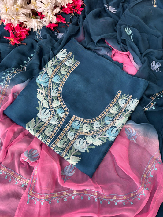 Blue Opada Silk Kashmiri Suit