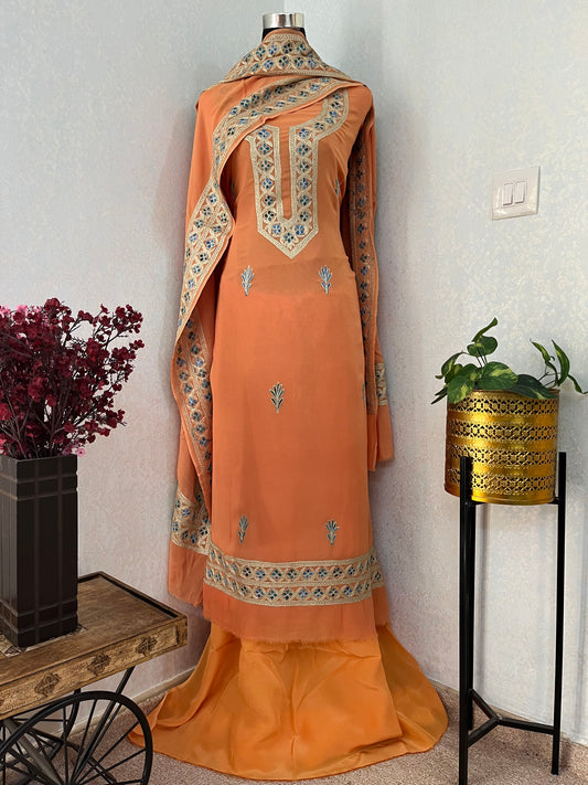 Peach Pure Georgette 3Pc Kashmiri Embroidered Suit