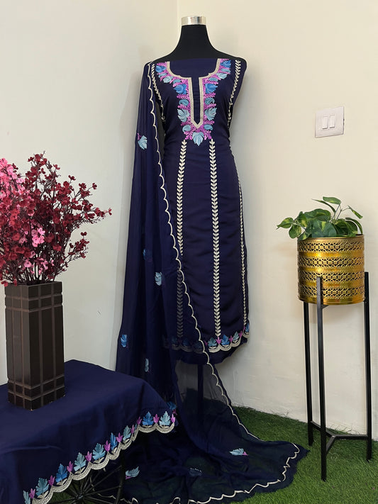 Sanam’ Navy Blue Silk Aari Embroidered Suit material