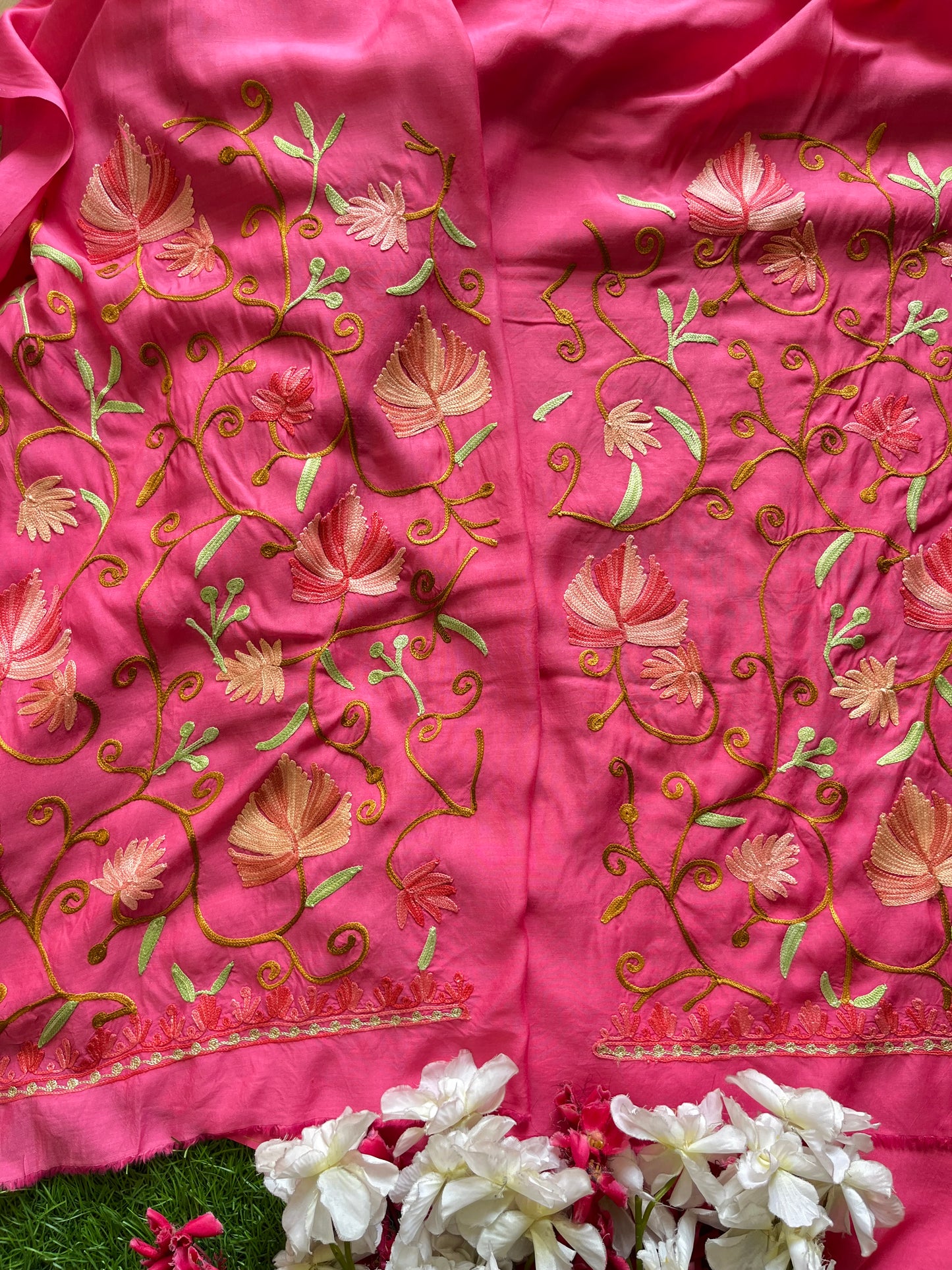 Pink Muslin Cotton Jaal Sleeves Kashmiri 3pc Suit