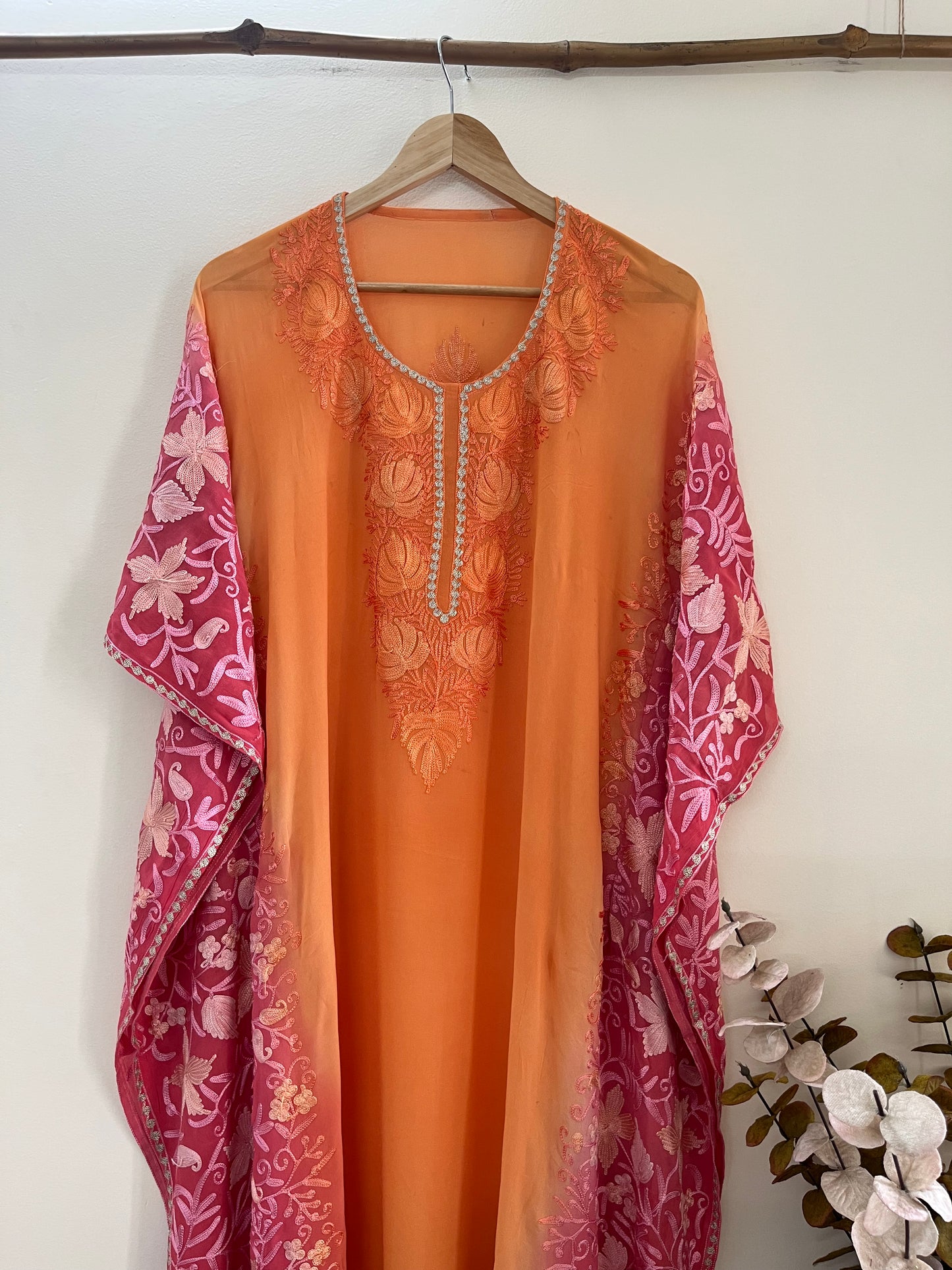 Light Orange Pure Georgette Kashmiri Kaftan