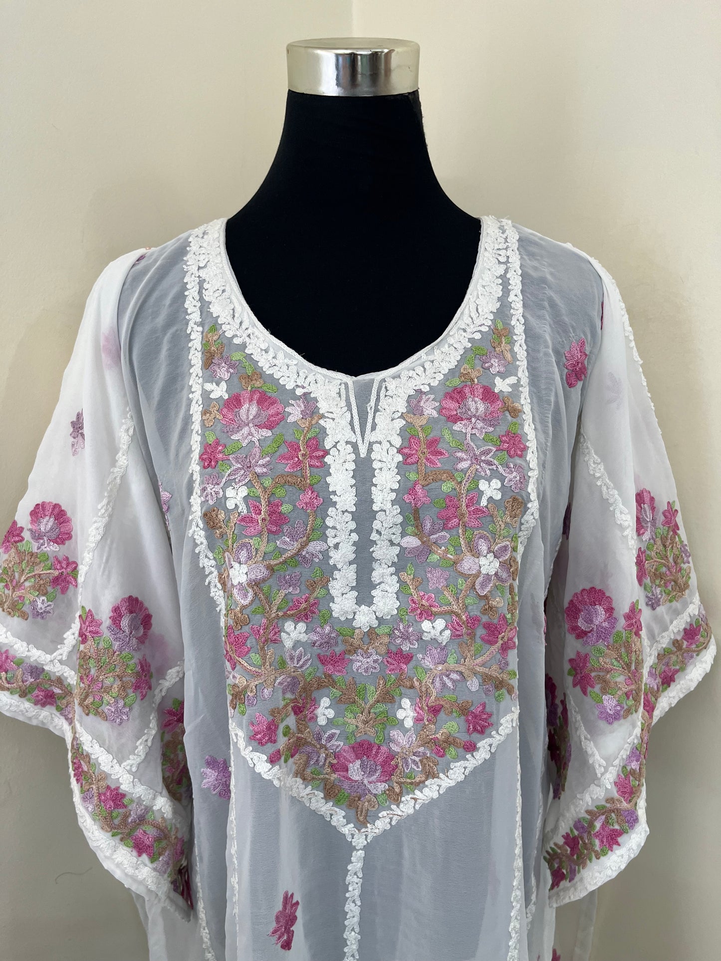 Off White Georgette All over Work Aari Embroidered Unstitched Kurta
