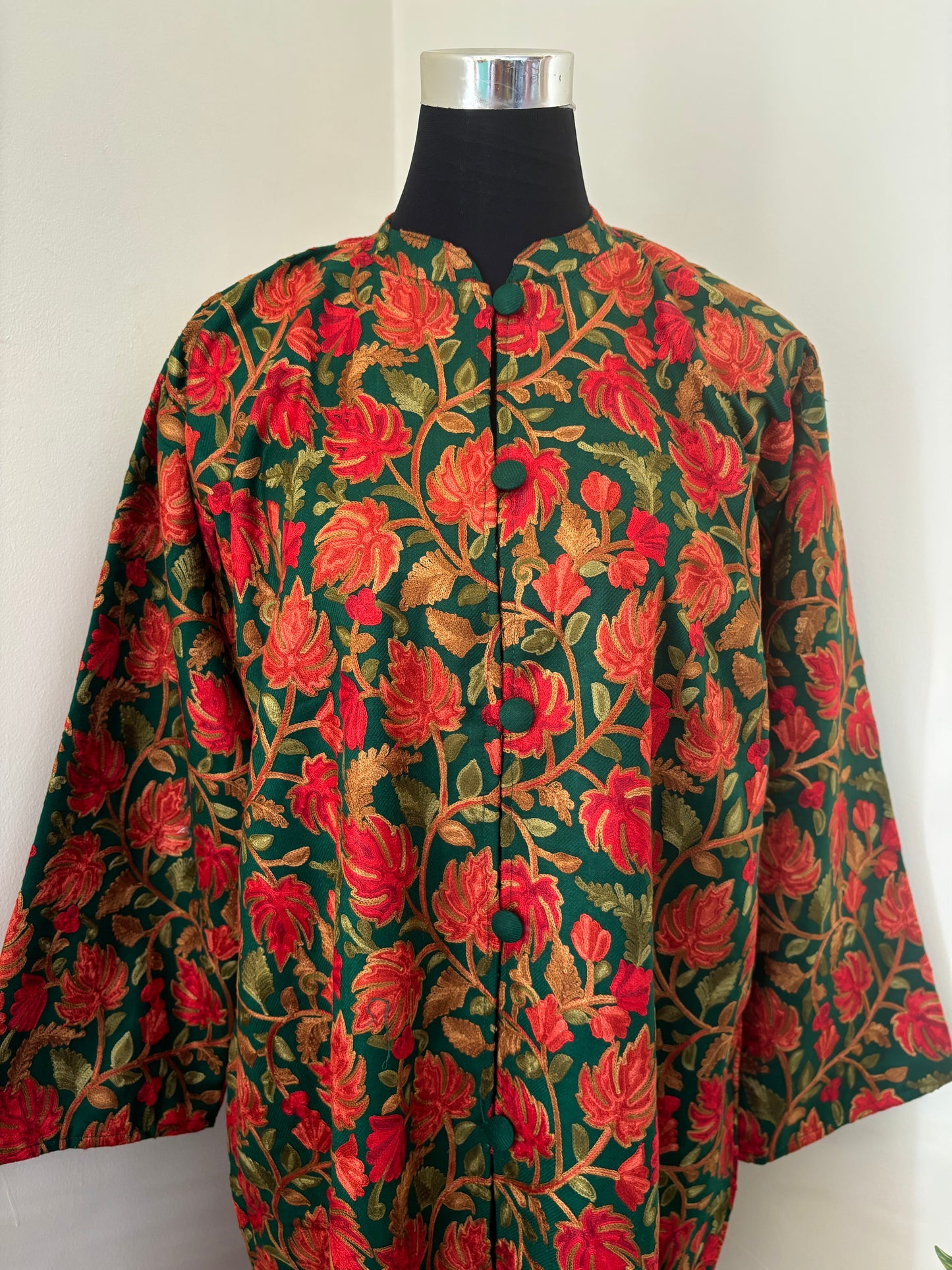 Bottle Green Aari Embroidered Pure Wool Jacket XXL