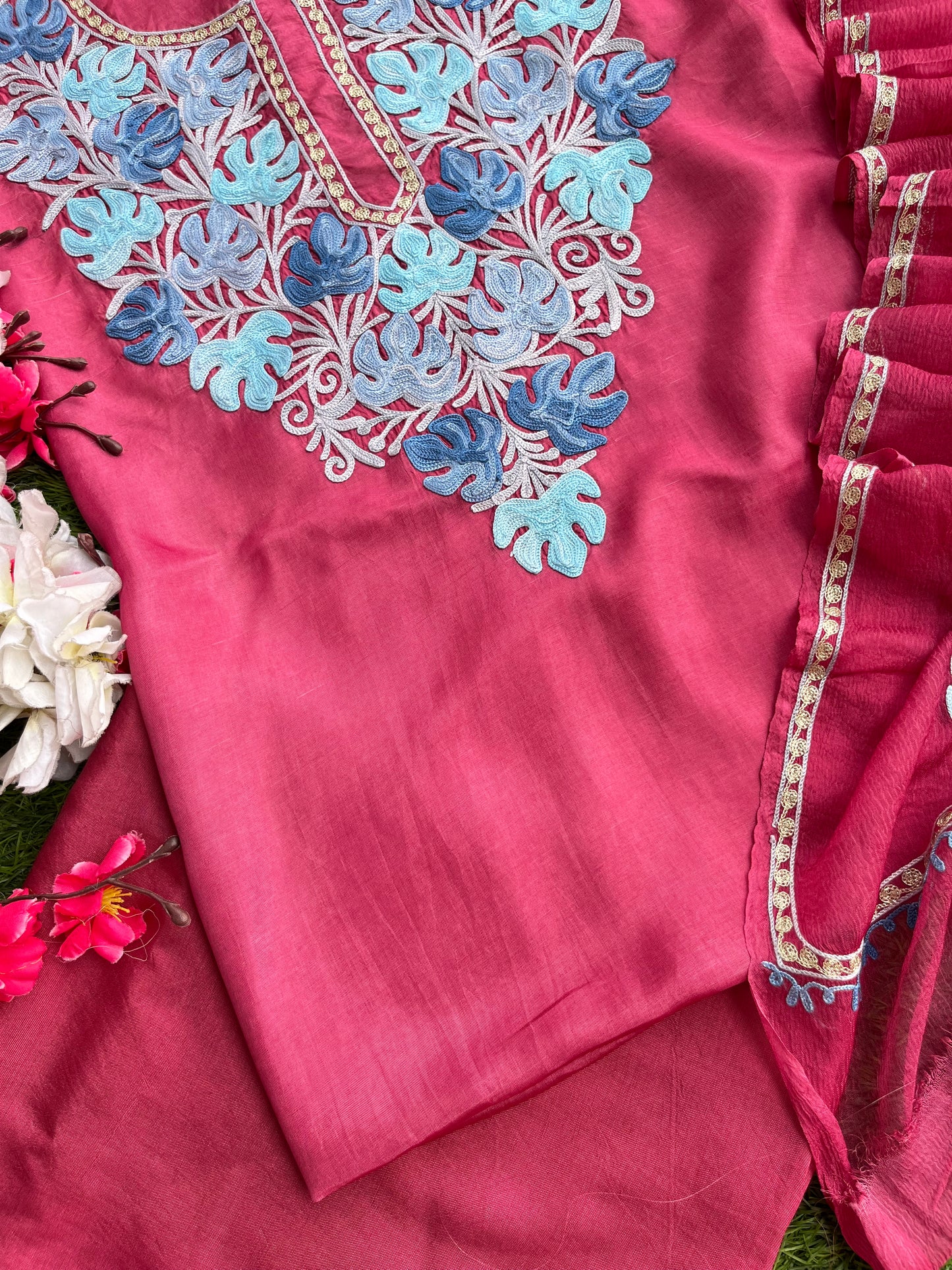 Onion Pink Opada Silk Kashmiri Suits
