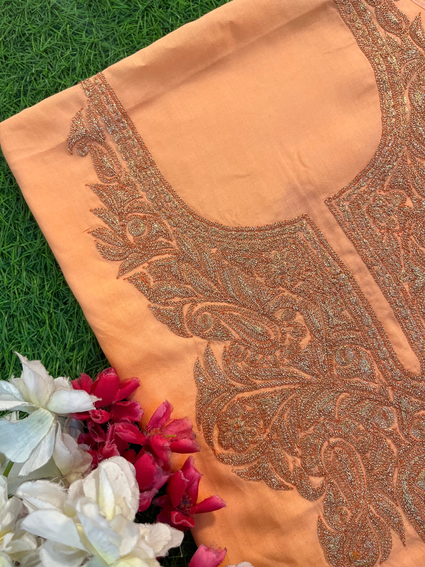 ‘Kalaa’ Peach Muslin Silk Tilla Embroidered Suit
