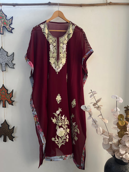 Maroon Aari embroidered Kaftan