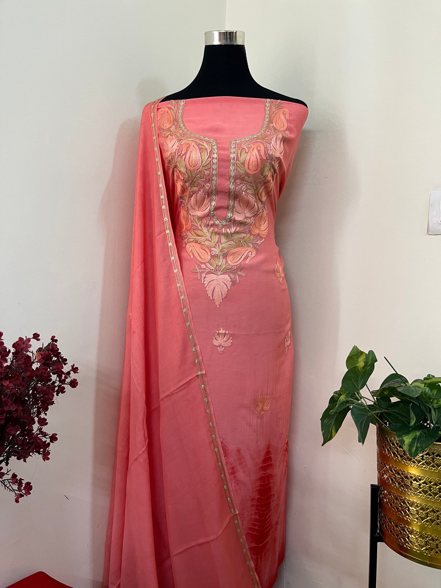Carrot Red Mul Cotton Shibori Work Kashmiri 3pc Suit