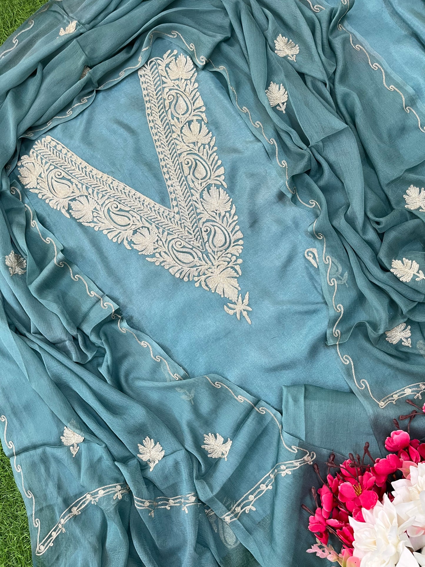 Sanam’ Pastel Blue Silk Tilla Kashmiri Suit