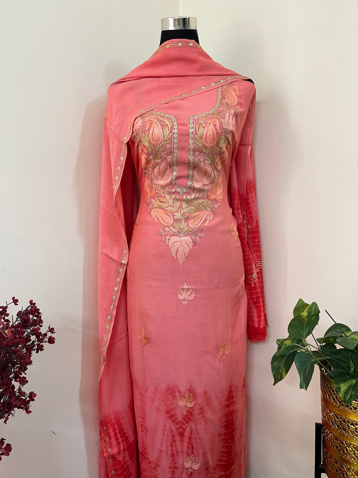 Carrot Red Mul Cotton Shibori Work Kashmiri 3pc Suit