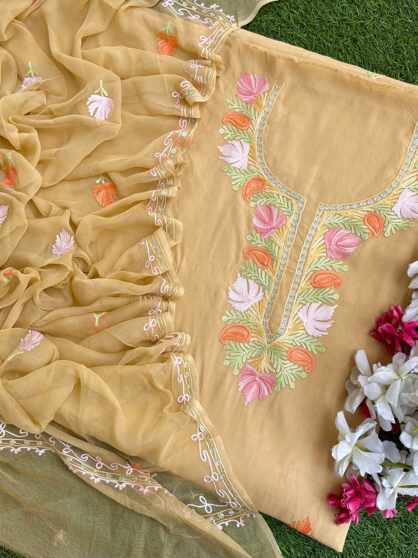Faun Muslin Cotton Jaal Sleeves Kashmiri 3pc Suit