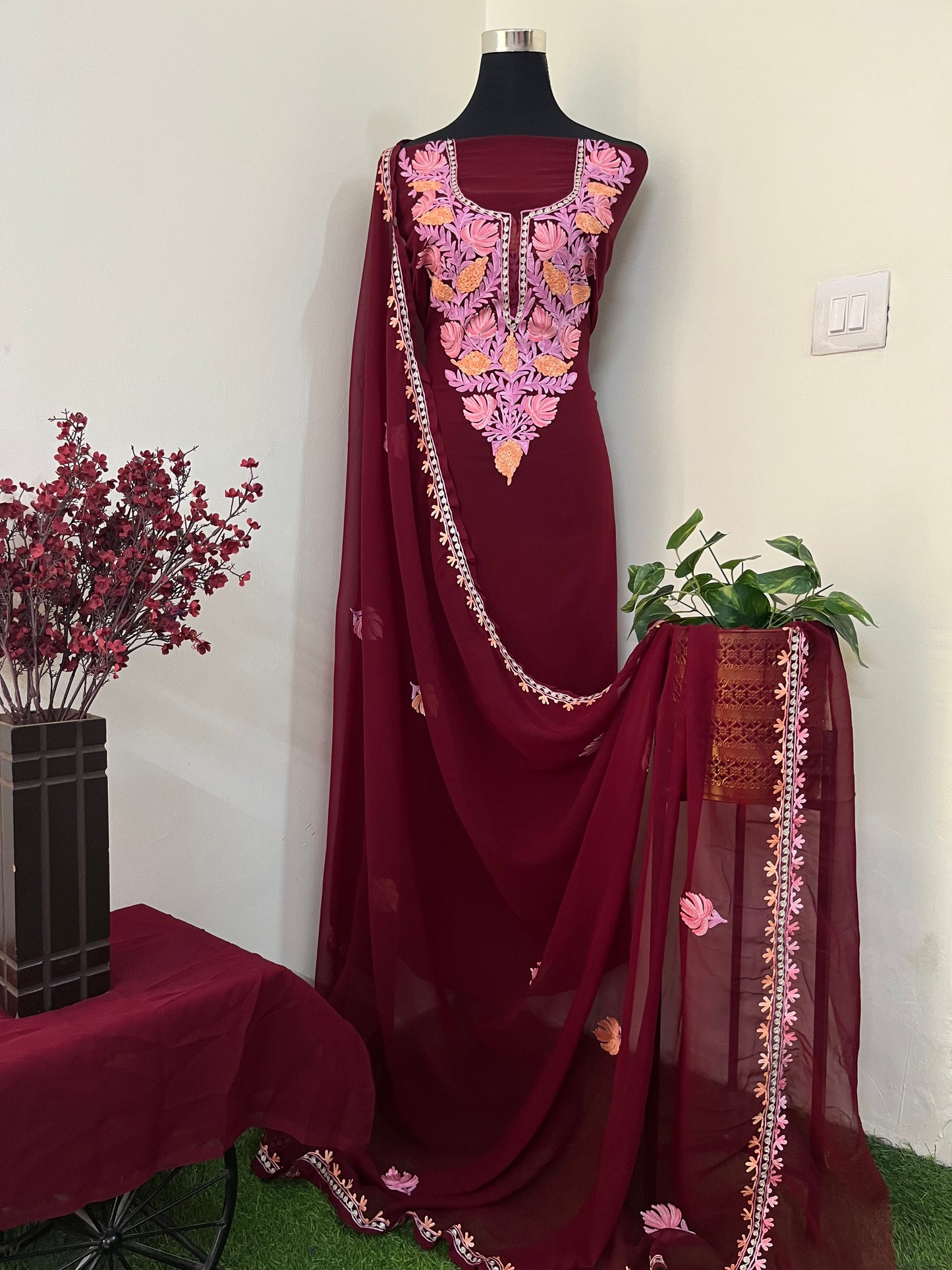 Maroon Georgette 3pc Aari Embroidered Suit