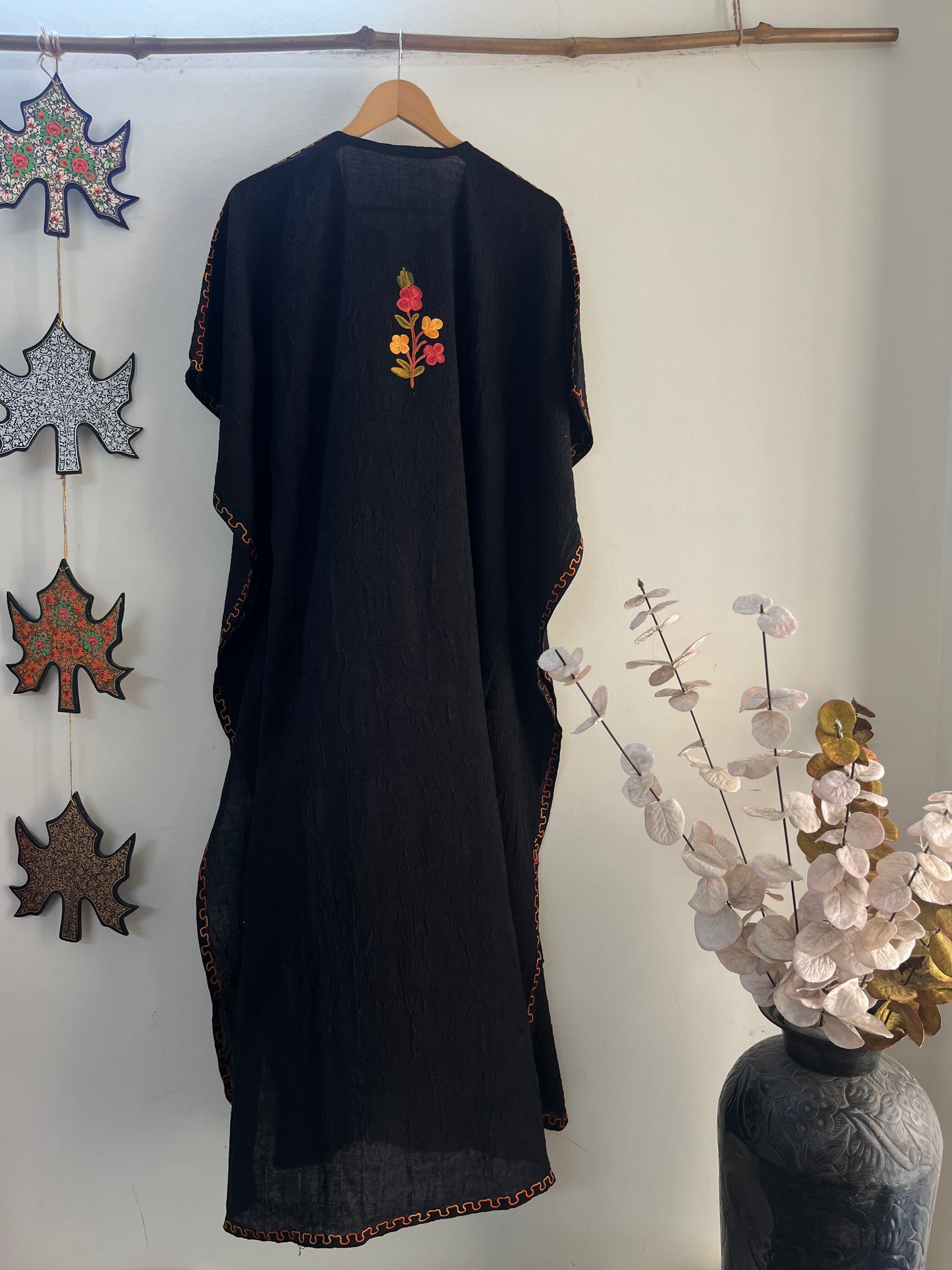 Long Crush Cotton Black Aari embroidered Kaftan