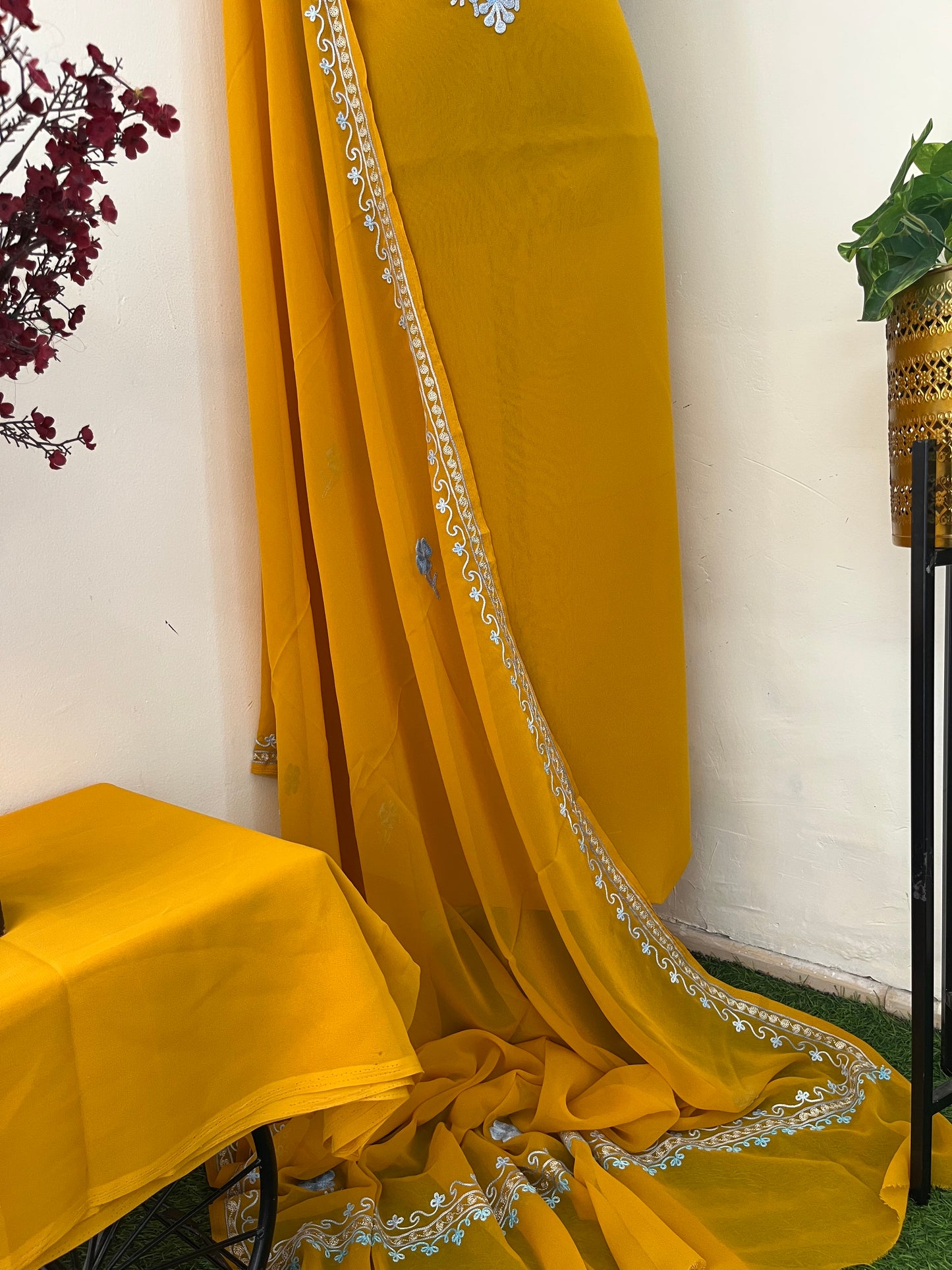 Mustard Georgette 3 Pc Aari Embroidered Suit Set