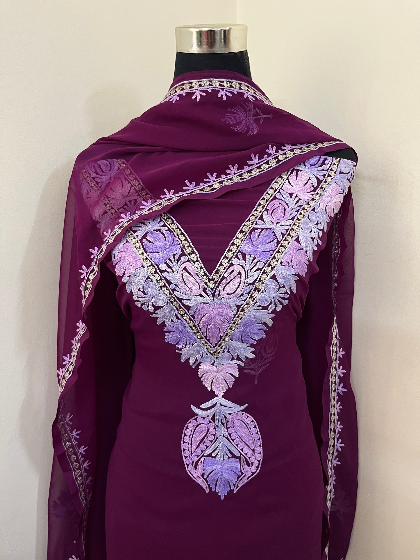 Wine Georgette 3 Pc Aari Embroidered Suit Set