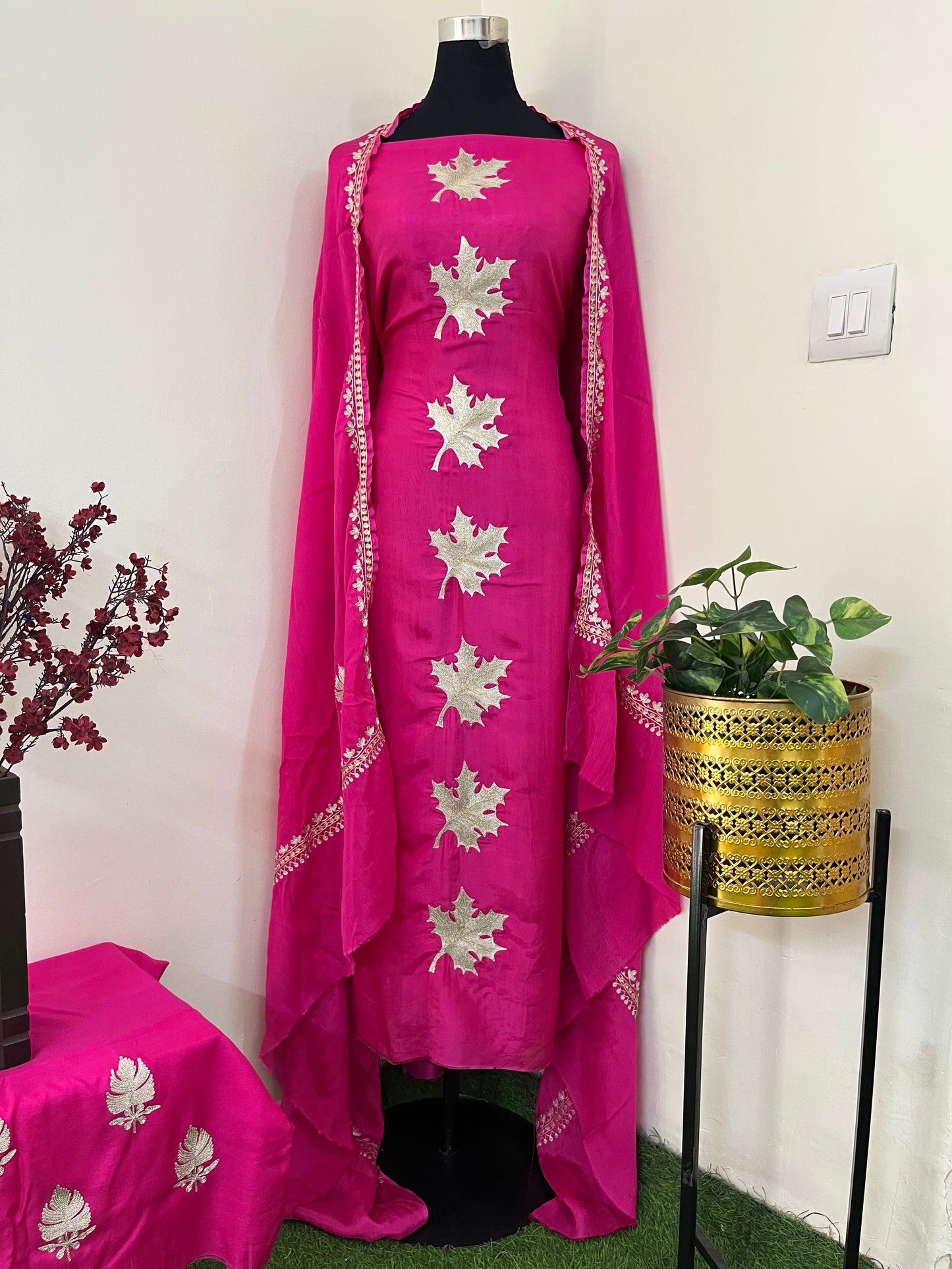 ‘Kalaa’ Fuchsia Pink Opada Silk Tilla Embroidered Suit material