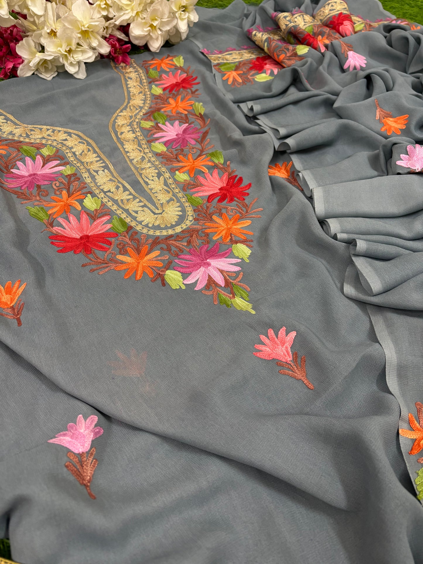 Grey Pure Georgette Kashmiri Suit