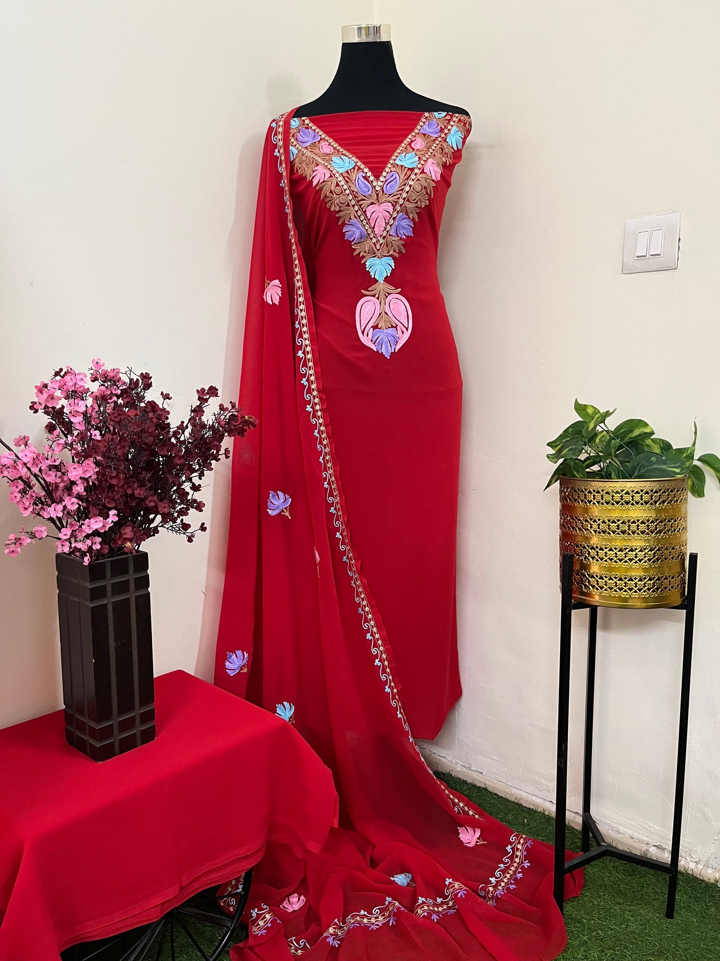 Red Georgette 3 Pc Aari Embroidered Suit Set