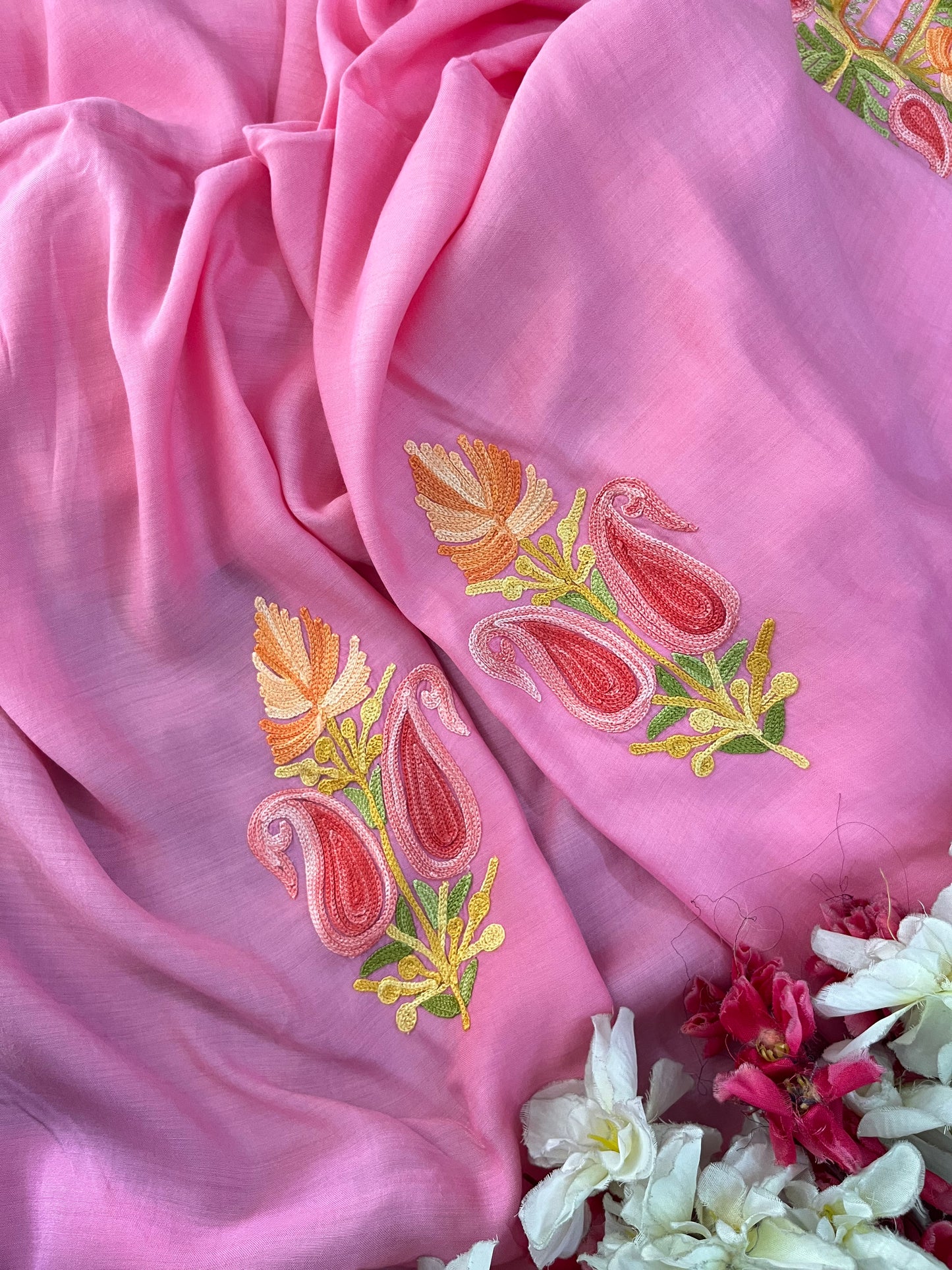 Soft Pink Muslin Cotton Jaal Sleeves Kashmiri 3pc Suit