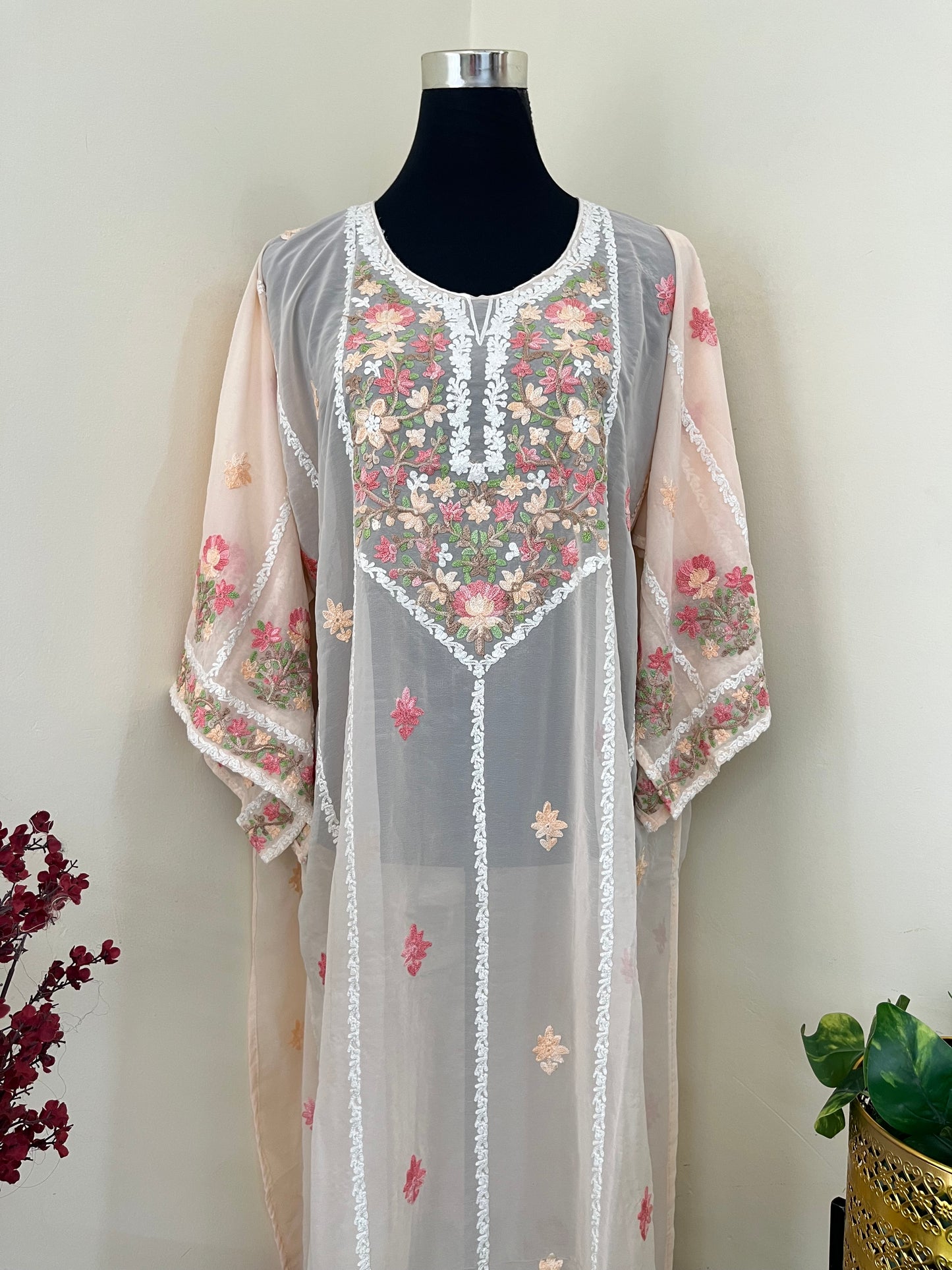 Peach Georgette All over Work Aari Embroidered Unstitched Kurta