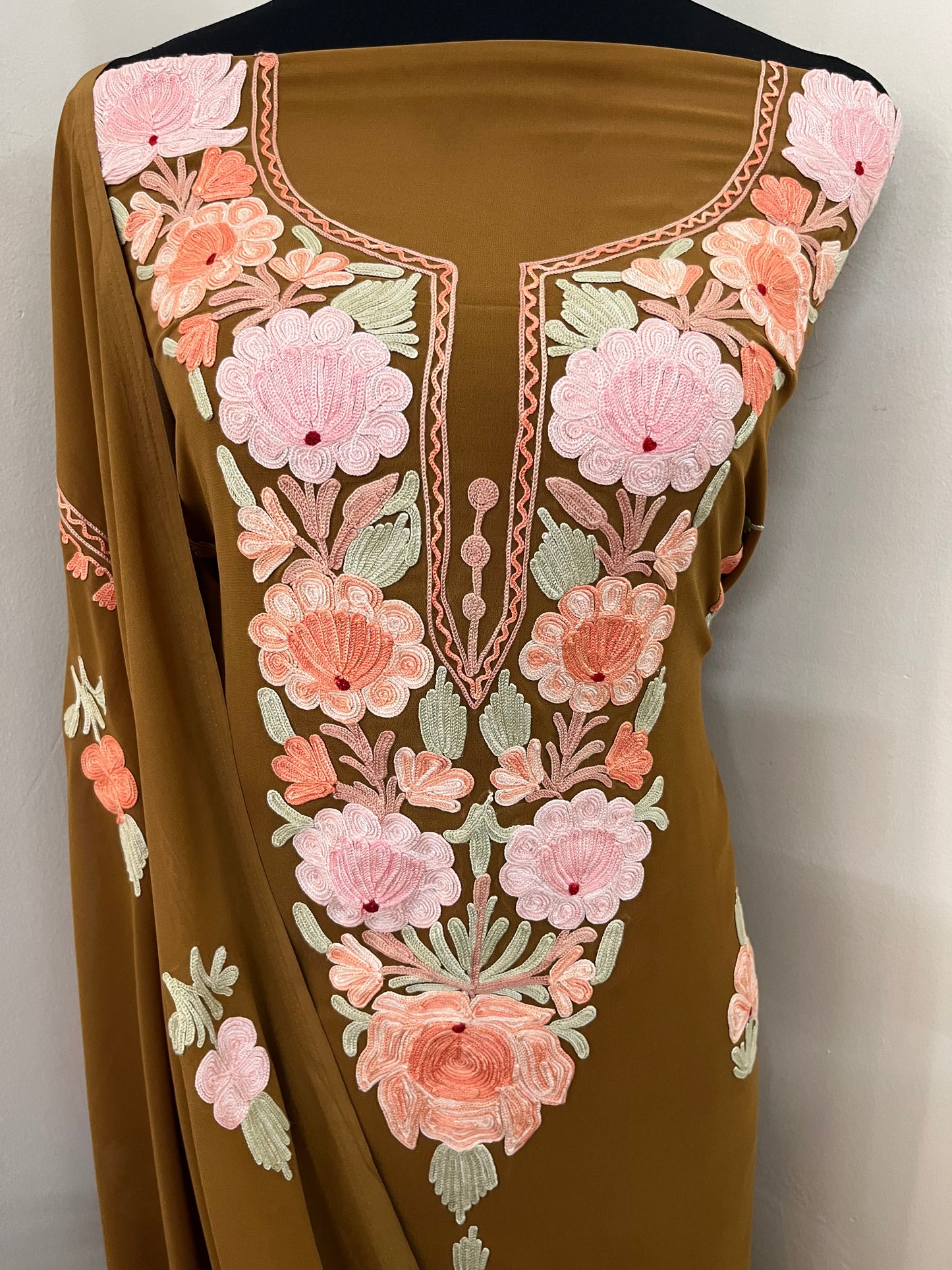 Coffee Brown Georgette 3 Pc Aari Embroidered Suit